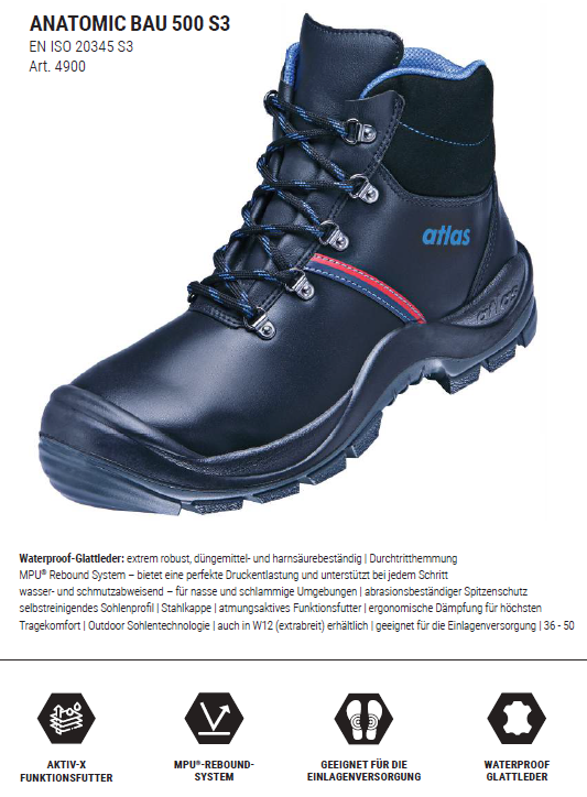 atlas Sicherheitsstiefel Anatomic Bau 500 Weite 10